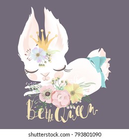 Cute dreaming, sleeping, white baby princess bunny, rabbit in crown and tied bow and flowers, floral bouquet. Be the Queen lettering