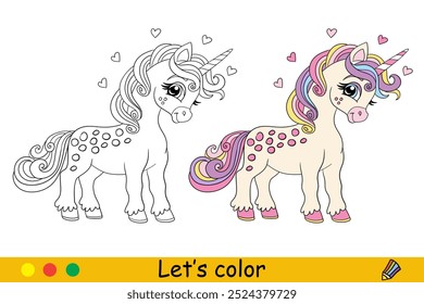 Lindo unicornio manchado de ensueño con melena y cola de arco iris. Niños para colorear con muestra de color. Ilustración vectorial aislada sobre fondo blanco. Para colorear libro, educación, impresión, juego, rompecabezas, diseño