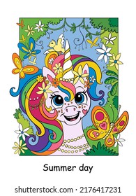 Cute dreaming unicorn with flowers and butterflies. Vector colorful cartoon illustration isolated on white background. For coloring book, education, print, game, decor, puzzle, design