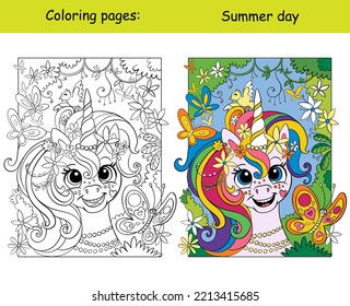 Cute dreaming unicorn with flowers and butterflies. Kids coloring with color template. Vector cartoon illustration isolated on white background. For education, print, game, decor, puzzle, design