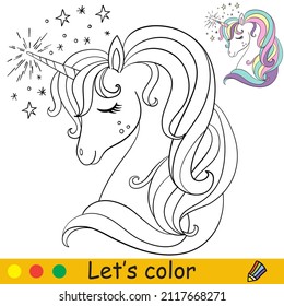 Cute dreaming unicorn head. Coloring book page with color template. Vector cartoon illustration. For kids coloring, card, print, design, decor and puzzle.