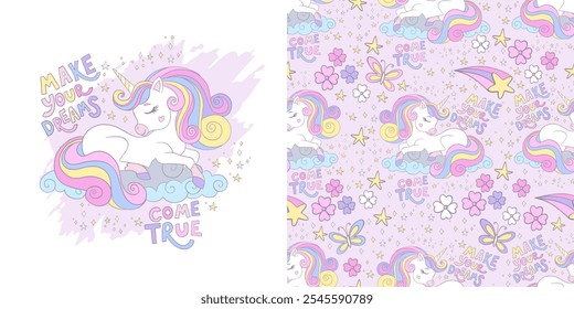 Cute dreaming unicorn and lettering. Card with magic horse character and background in cartoon style set. Vector illustration and seamless pattern. For clothes design, print, decoration, linen, dishes