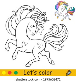 Un unicornio de ensueño con una larga melena y cola. Colorear la página del libro con una plantilla colorida para los niños. Ilustración aislada del vector. Para libros de colorido, impresos, juegos, educación, fiesta, diseño, decoración