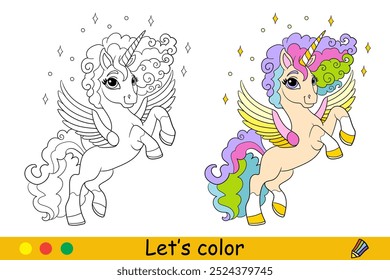 Lindo unicornio de ensueño con melena de arco iris y cola y alas. Niños para colorear con muestra de color. Ilustración vectorial aislada sobre fondo blanco. Para colorear libro, educación, impresión, juego, rompecabezas, diseño