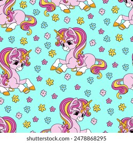 Cute dreaming unicorns with long mane and flowers seamless pattern on a turquoise background. Vector illustration. Fairy tale design nursery art. For printing, design, wallpaper, linen and fabric