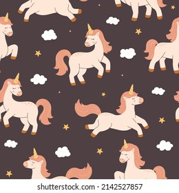 Cute dreaming unicorns seamless pattern. Vector background with clouds and stars. Scandinavian boho style, nursery illustration.