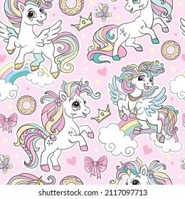 Cute dreaming unicorns with sweets and magic elements seamless pattern on pink background. Vector hand drawn illustration for print, wallpaper, design, decor, goods, bed linen and apparel