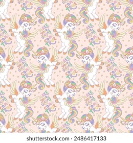 Cute dreaming unicorns with wings seamless pattern. Color vector cartoon illustration. Fairy tale design nursery art. For print, design, wallpaper, linen, fabric and children room design