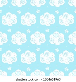 Cute dreamy decorated doodle clouds vector seamless pattern on blue background with stars and dots for kids, children design.
