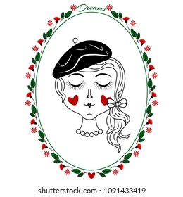 Cute dreamy girl in beret with closed eyes, vector portrait in floral frame. Simple minimal line vector illustration. Paris fashion style