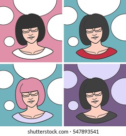 Cute dreamy girl with eyes closed surrounded with bubbles over her head. Pastel and dark colors. Set of four. Vector clip-art.