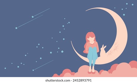 Cute dreamy night background image. Vector illustration of a girl sitting on the moon in the starry sky.