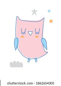 Cute Dreamy Owl. Nursery Vector Illustration with Lovely Pink Owl isolated on a White Background. Simple Hand Drawn Cleaver Bird Print ideal for Wall Art, Poster, Kids  Room Decoration.