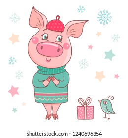 Cute dreamy pig dressed in a a sweater and pink beret. Can be used like sticker, romantic cards for Valentine's Day, textiles. Piglet symbol of the Chinese new year