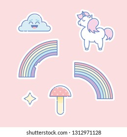 Cute dreamy sticker pack: laughing cloud, unicorn, rainbows, mushroom and star. Linear style illustration. Vector.