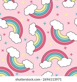 Cute dreamy vector pattern. Colorful rainbow cloud, hearts seamless pattern design for kids. background wallpaper textile design, decorative, fabric, wrapping paper, cover, blanket,nursey for kids, 