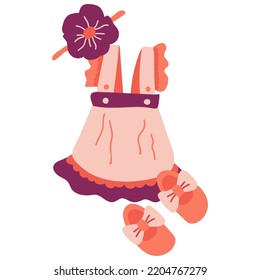 Cute Dress With Boots For Baby. Boho Style. White Background, Isolate. Vector Illustration.