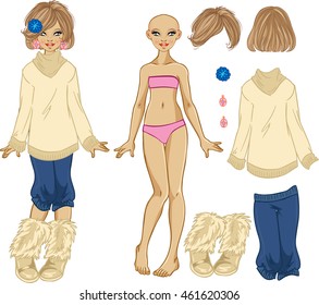 Cute dress up doll.Cartoon character.Vector illustration.