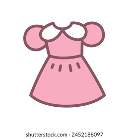 Cute dress icon. Hand drawn illustration of a pink dress with white collar isolated on a white background. Kawaii sticker. Vector 10 EPS.