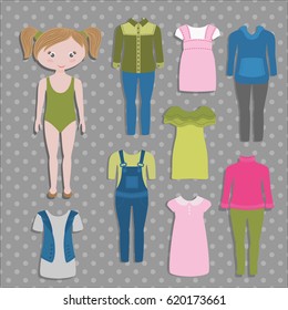 Cute dress up paper doll with big head and clothes. Summer wardrobe. Body template. Vector illustration.
