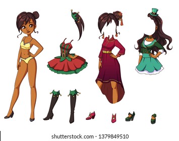 Cute dress up paper doll with black hair. Christmas, Lunar New Year, Saint Patrick's Day. Body template, haircuts, underwear, clothes and accessories. Children books, games, t-shirt.