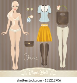 Cute dress up paper doll. Body template, outfit and accessories