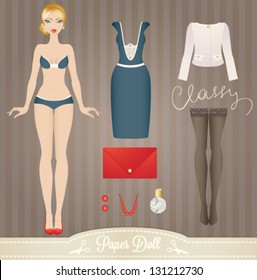 Cute dress up paper doll. Body template, outfit and accessories