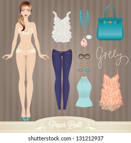 Cute Dress Up Paper Doll. Body Template, Outfit And Accessories