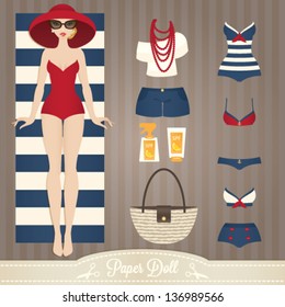 Cute dress up paper doll. Body template, outfit and accessories. Summer collection.