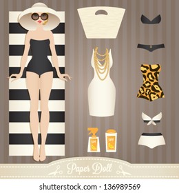 Cute dress up paper doll. Body template, outfit and accessories. Summer collection.