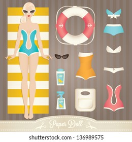 Cute dress up paper doll. Body template, outfit and accessories. Summer collection.