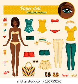 Cute dress up paper doll. Body template, outfit and accessories. Vector detailed illustration. African American ethic. Brunette with long hair. Cut and play. Yellow, red and turquoise colors.