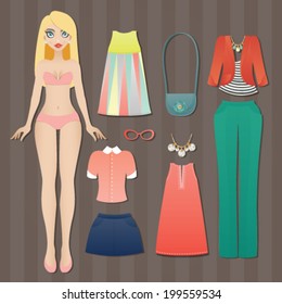 Cute dress up paper doll. Body template, outfit and accessories