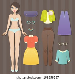 Cute Dress Up Paper Doll. Body Template, Outfit And Accessories