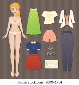 Cute dress up paper doll. Body template, outfit and accessories