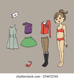 Cute dress up paper doll. Body template, clothing and accessories. Vector illustration