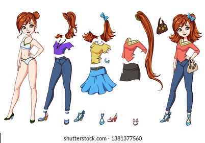 Cute dress up paper doll. Girl with red hair. Body template, haircuts, underwear, clothes and accessories. Hand drawn vector illustration for games, t-shirt.