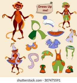 Cute dress up paper doll monkey. Vector body template, outfit and accessories