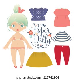 Cute Dress Up Paper Doll. Vector Body Template, Outfit And Accessories