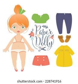 Cute Dress Up Paper Doll. Vector Body Template, Outfit And Accessories