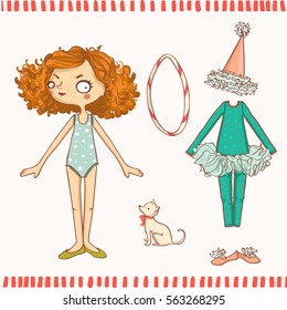 Cute dress up paper doll. Vector body template, circus outfit and accessories