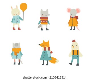 Cute dressed abstract animals set. Collection of naive doodle stylized mammal in clothes.