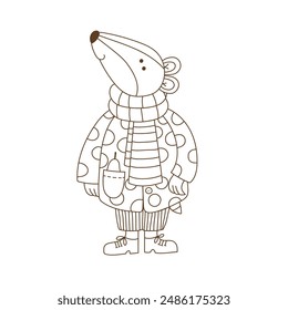 Cute dressed up badger line black and white coloring page vector illustration