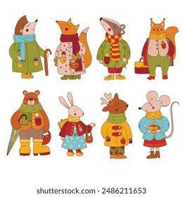 Cute dressed up fairy tale forest animals cgaracters colorful cute vector set