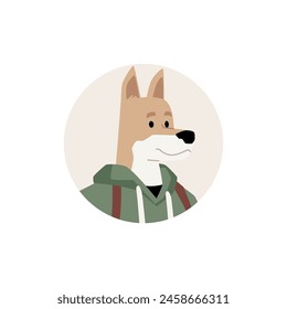 Lindo vestido peludo perro icono plano, beige avatar redondo. Caricatura perro de pura raza en sudadera con capucha, ropa de moda casual. Esponjoso bozal de mascota canina animal antropomórfico. Ilustración vectorial aislada en blanco