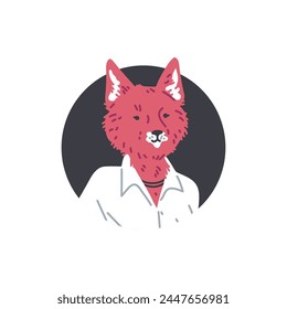 Cute dressed furry fox flat icon in black round. Cartoon serious cat in white shirt, casual fashion clothes. Fluffy wild animal muzzle with red fur avatar. Vector illustration isolated on white