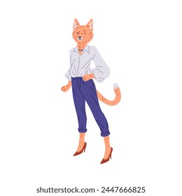 Süße gekleidete pelzige Fuchs flache Vektorillustration. Cartoon ernsthaftes weibliches Tier in weißem Hemd, Hose und High Heel Schuhe, lässige Mode Kleidung. Posierende Katze im eleganten Look