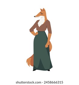 Lindo zorro peludo vestido de pie Ilustración vectorial plana. Animal femenino de la historieta en la falda, ropa casual de la moda. Posando el aspecto elegante del gato salvaje antropomórfico aislado en el fondo blanco