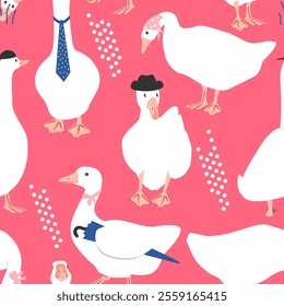 Cute dressed geese seamless fashion pattern. Trendy goose collection on pink background. Vector illustration