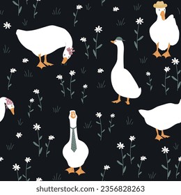 Cute dressed geese seamless pattern. Fashionable goose in a hat, tie, scarf. Funny vector background